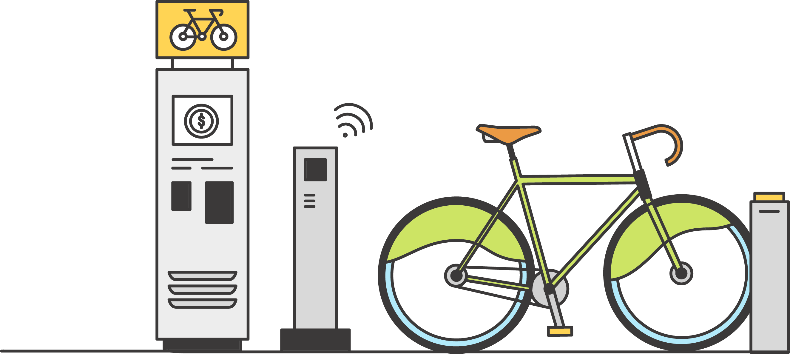 Illustrated image of bicycle for rent at docking station